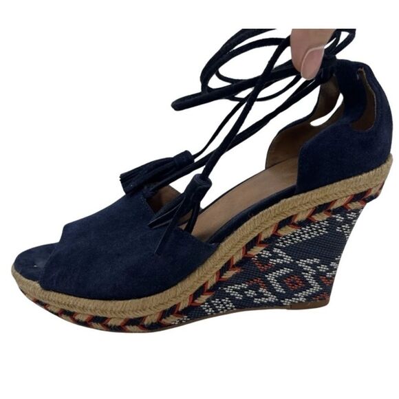 Cabi Isla Espadrille Lace-Up Wedge Sandals Navy Suede - Picture 11 of 11
